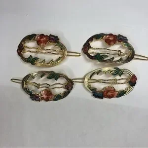 Vintage Cloisonne Hair Barrette Gold Tone colorful enamel floral hair pin Vintage Cloisonne Enamel Floral Rose Hair Combs Sold  main image 4